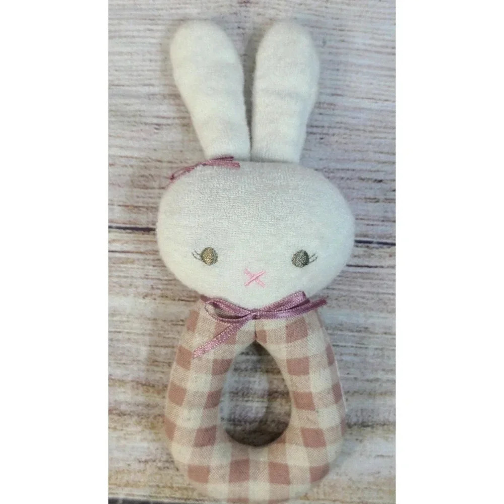 Alimrose Plush Bunny Baby Rattle Off White Dusty Rose Gingham Check 8"